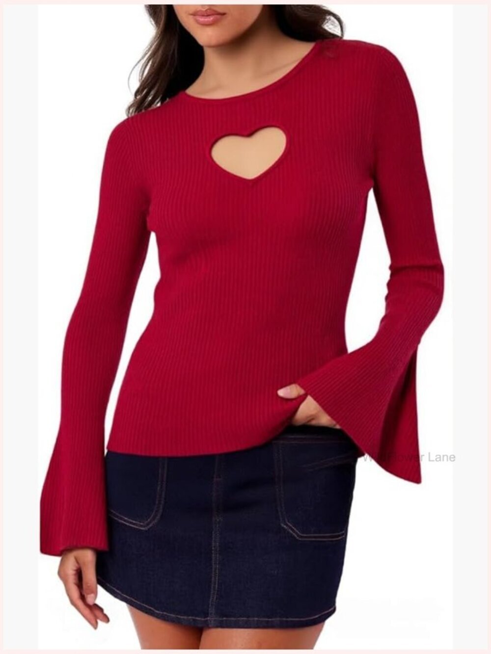 Heart Cut-Out Knit Sweater - Long Sleeve Ribbed Pullover Tops